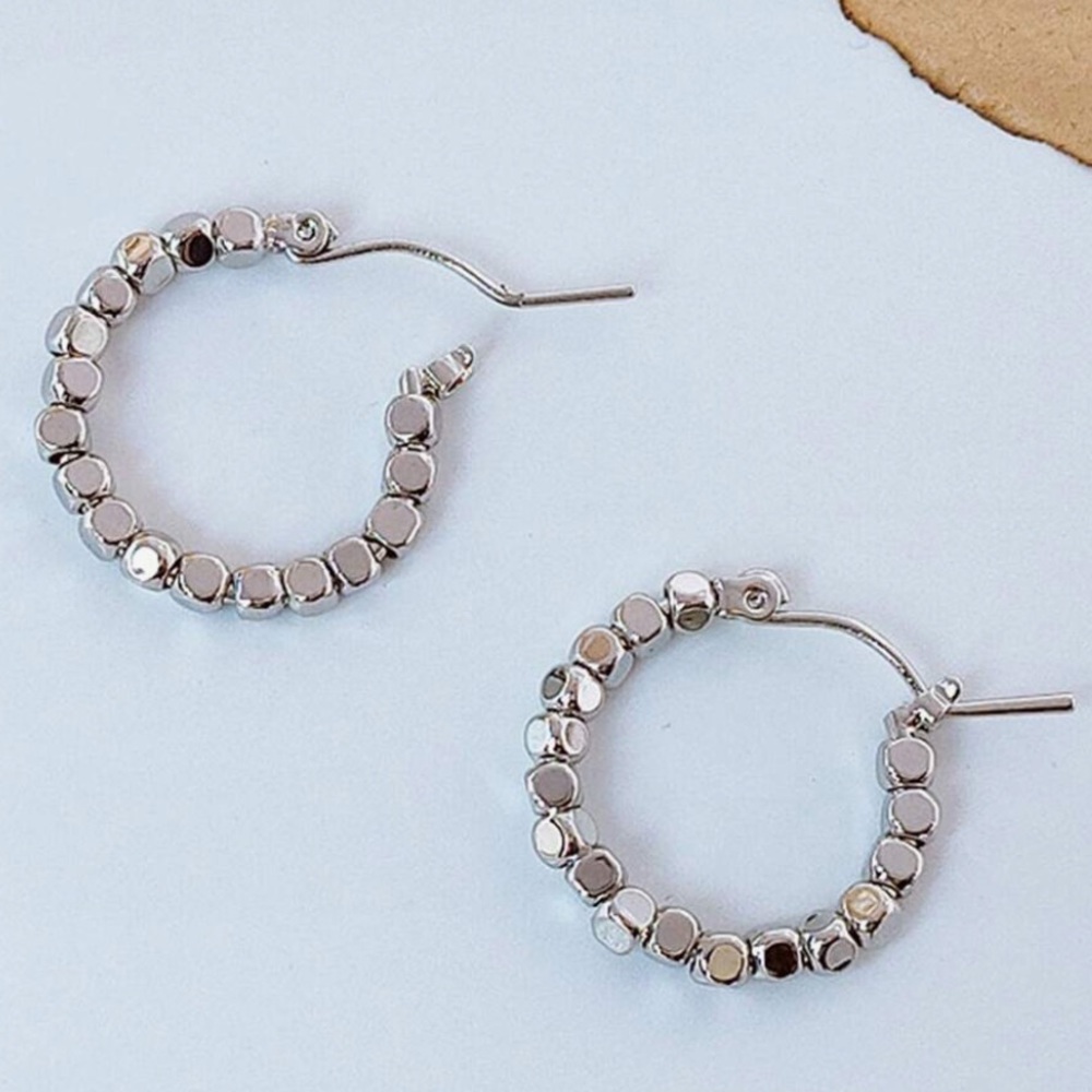 Any 4/$25! Small Silver Hoops with Cubical Bead Earrings - Picture 3 of 5